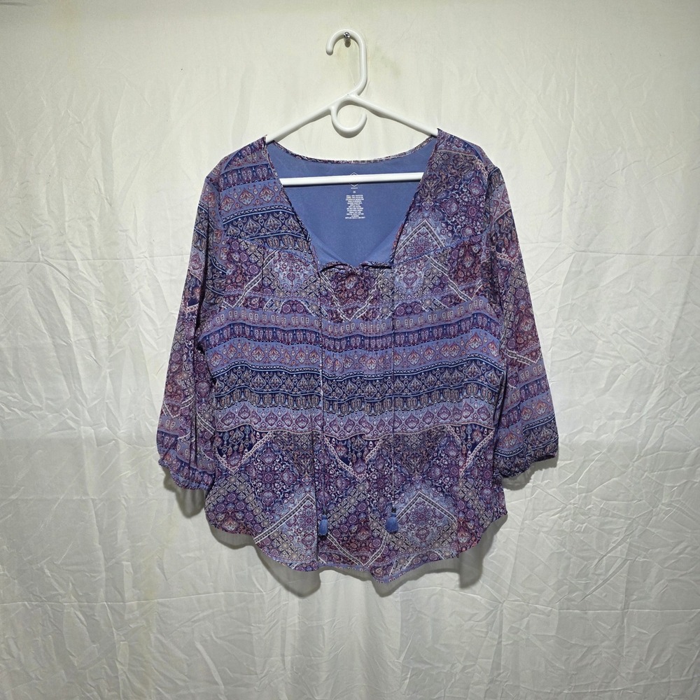St Johns Bay Woman Purple Blue Paisley Tassel Tie Blouse Top Plus 1X